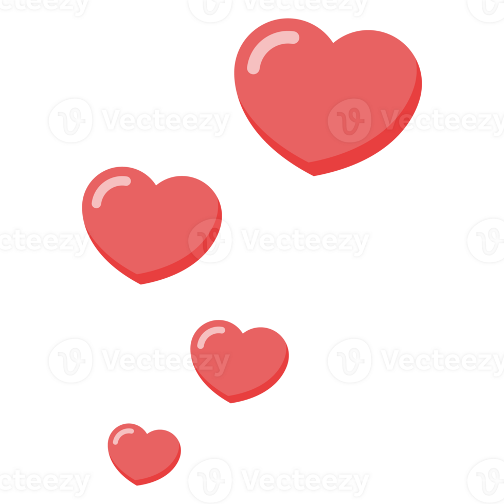 Cartoon-style red hearts with soft highlights float freely on a transparent background, perfect for love, romance, and Valentine themes. png