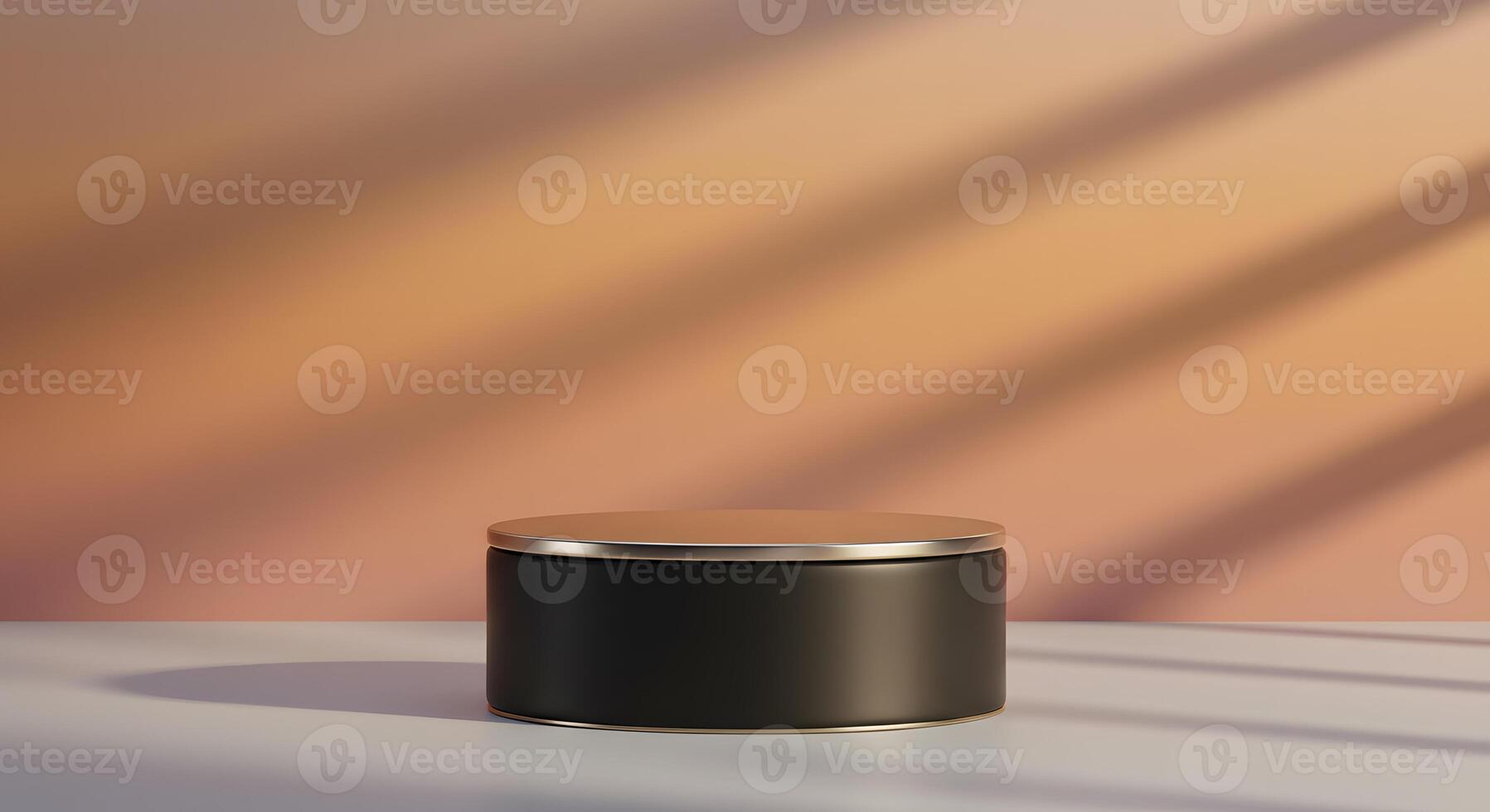 Black round container mockup on white table with orange background photo