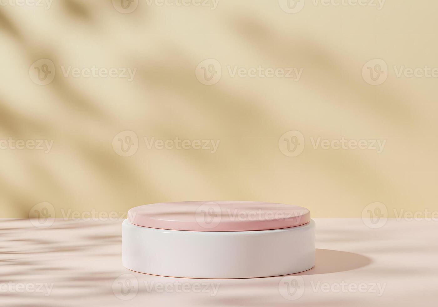 A pink container sitting on a table with a leafy background photo