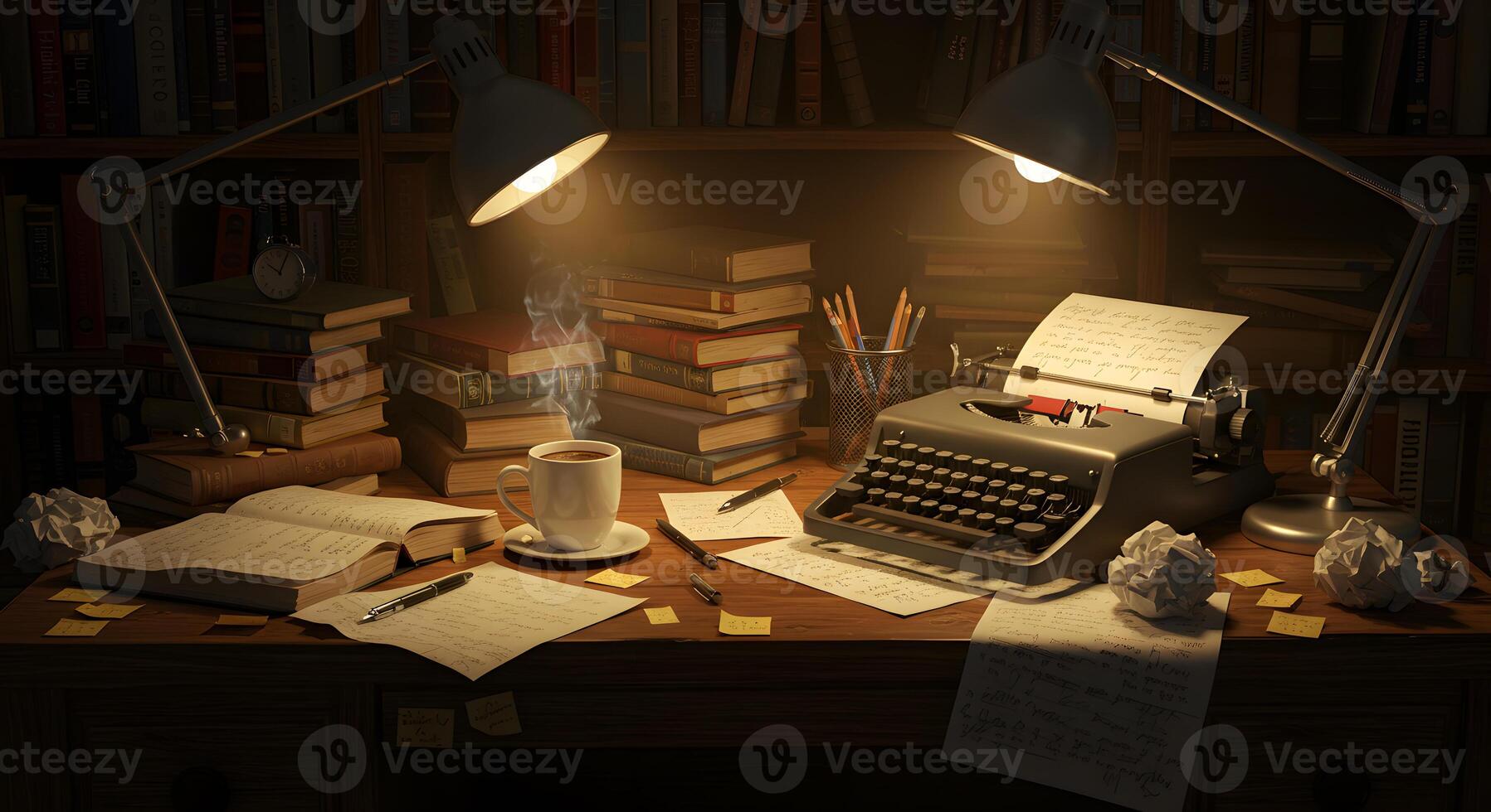 A desk with a typewriter, a coffee cup, and books photo