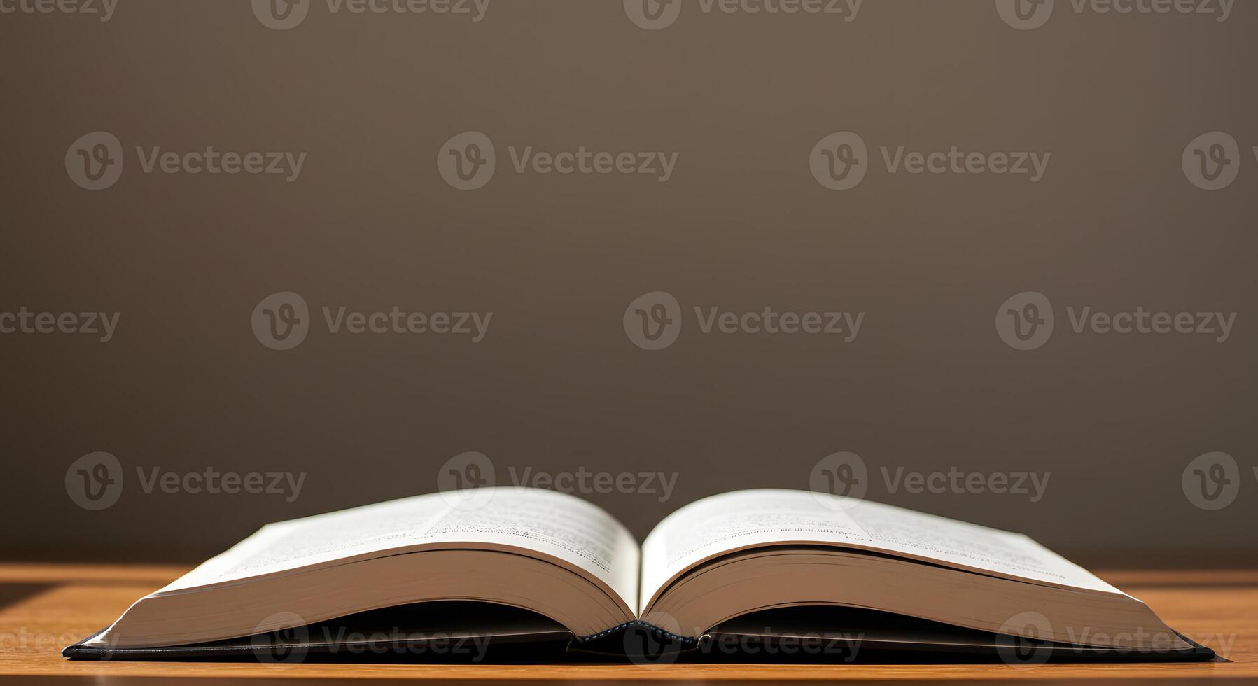 An open book on a table with a light photo