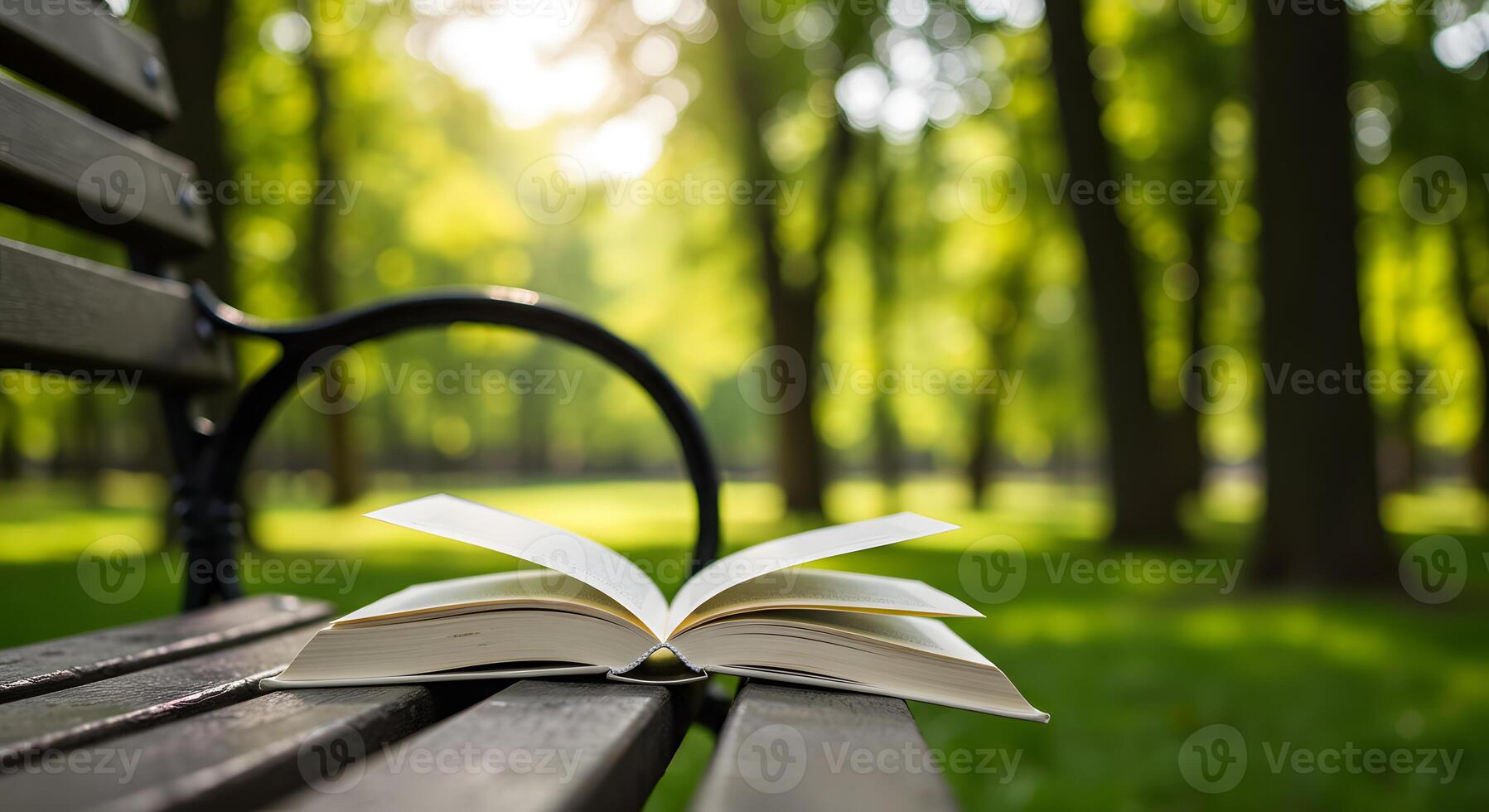 An open book on a park bench in the park photo