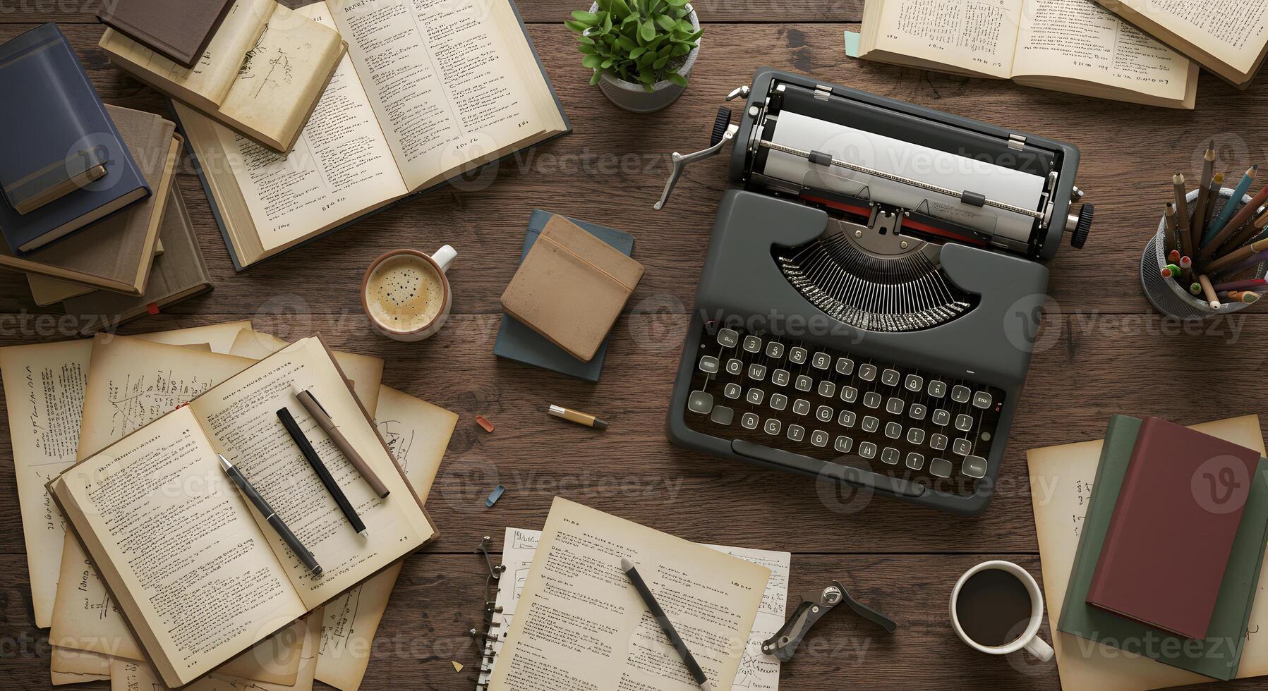 An old typewriter is surrounded by books and other items photo