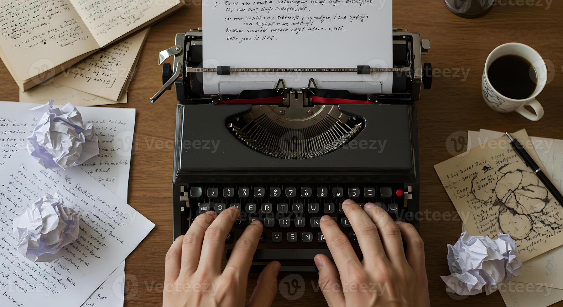 A person typing on a typewriter with papers and coffee cups photo