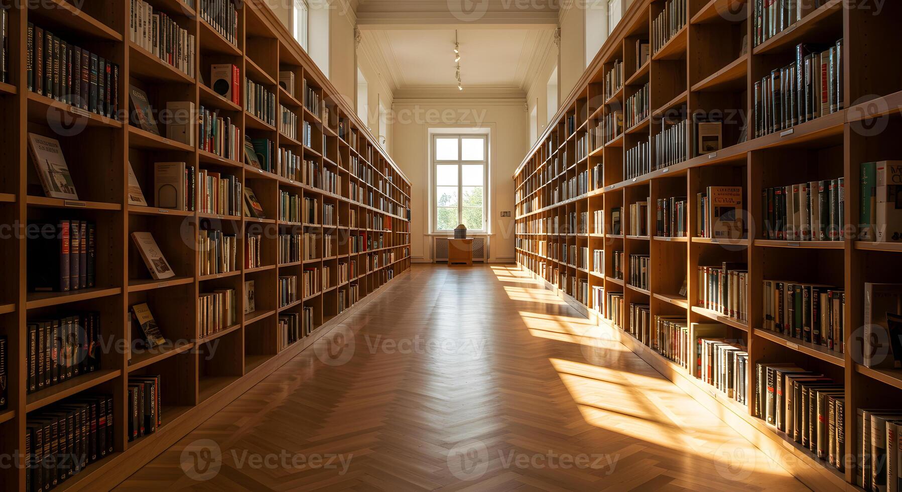 A long hallway with bookshelves and sunlight photo