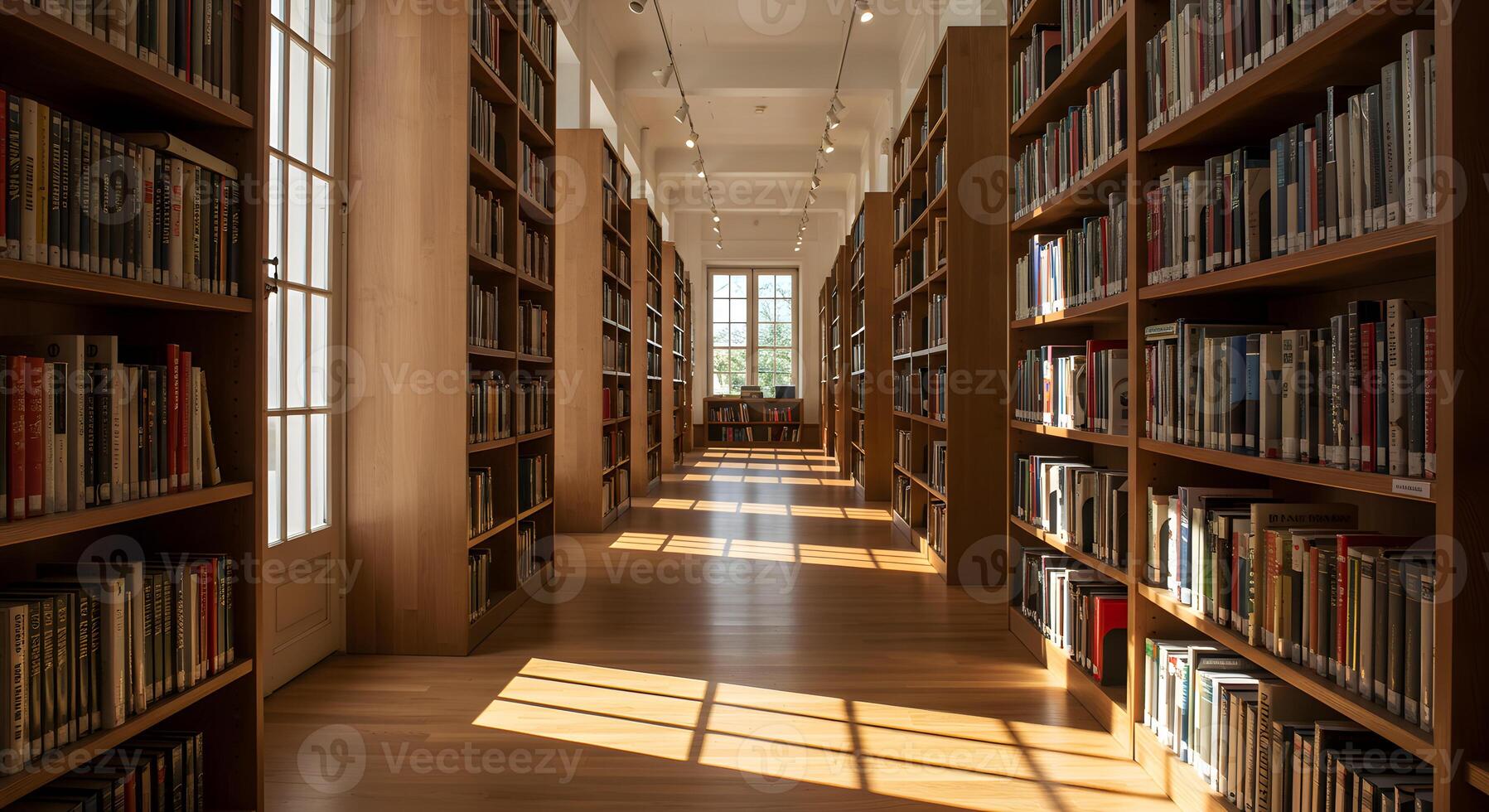 A long hallway with many bookshelves and windows photo