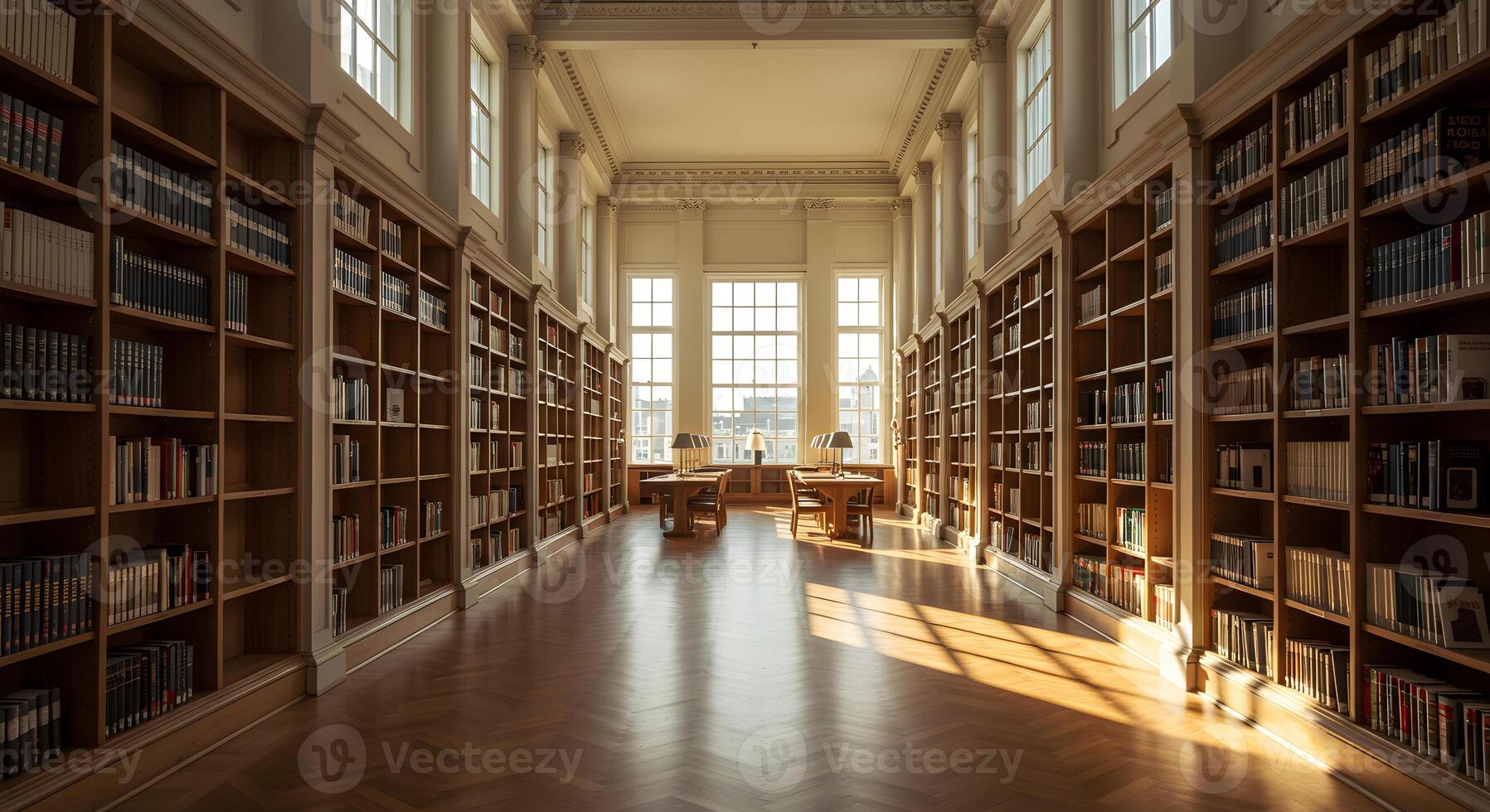 A long hallway with many bookshelves and a table photo