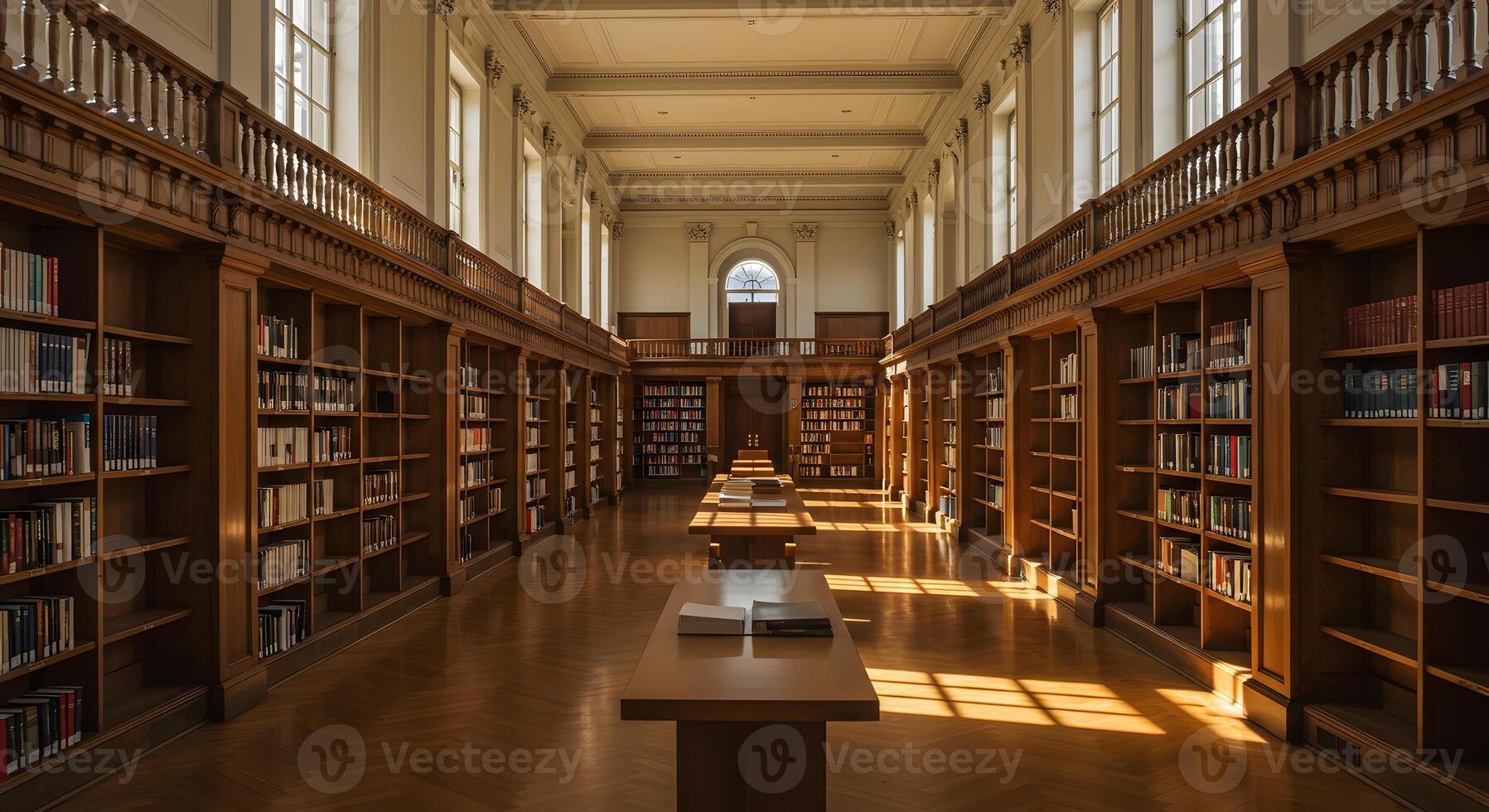A long, empty library with many books on shelves photo
