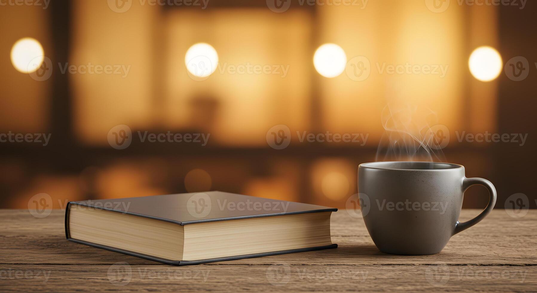 A cup of coffee and a book on a table photo