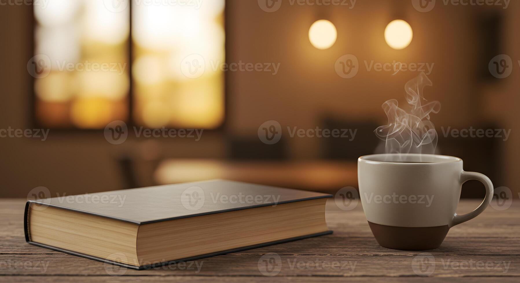 Coffee cup and book on wooden table with blurred background photo