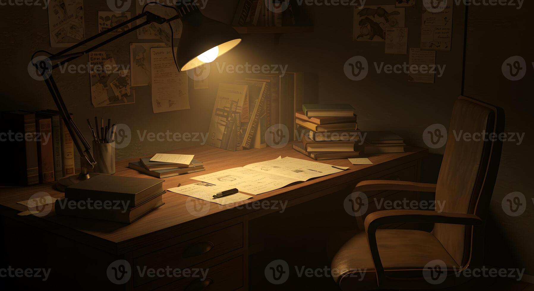 A desk with a lamp and a chair photo