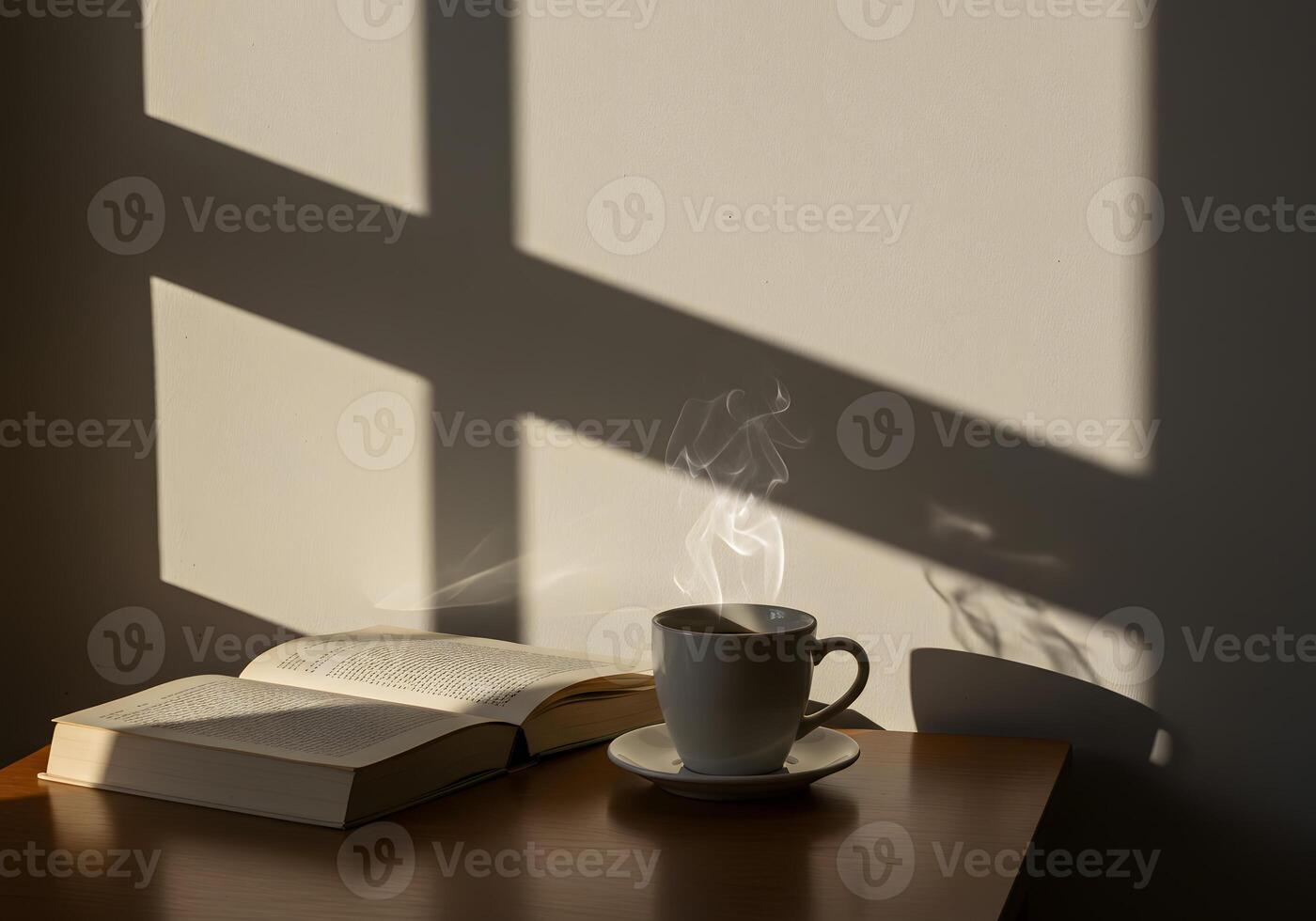A cup of coffee and book on a table with a window photo