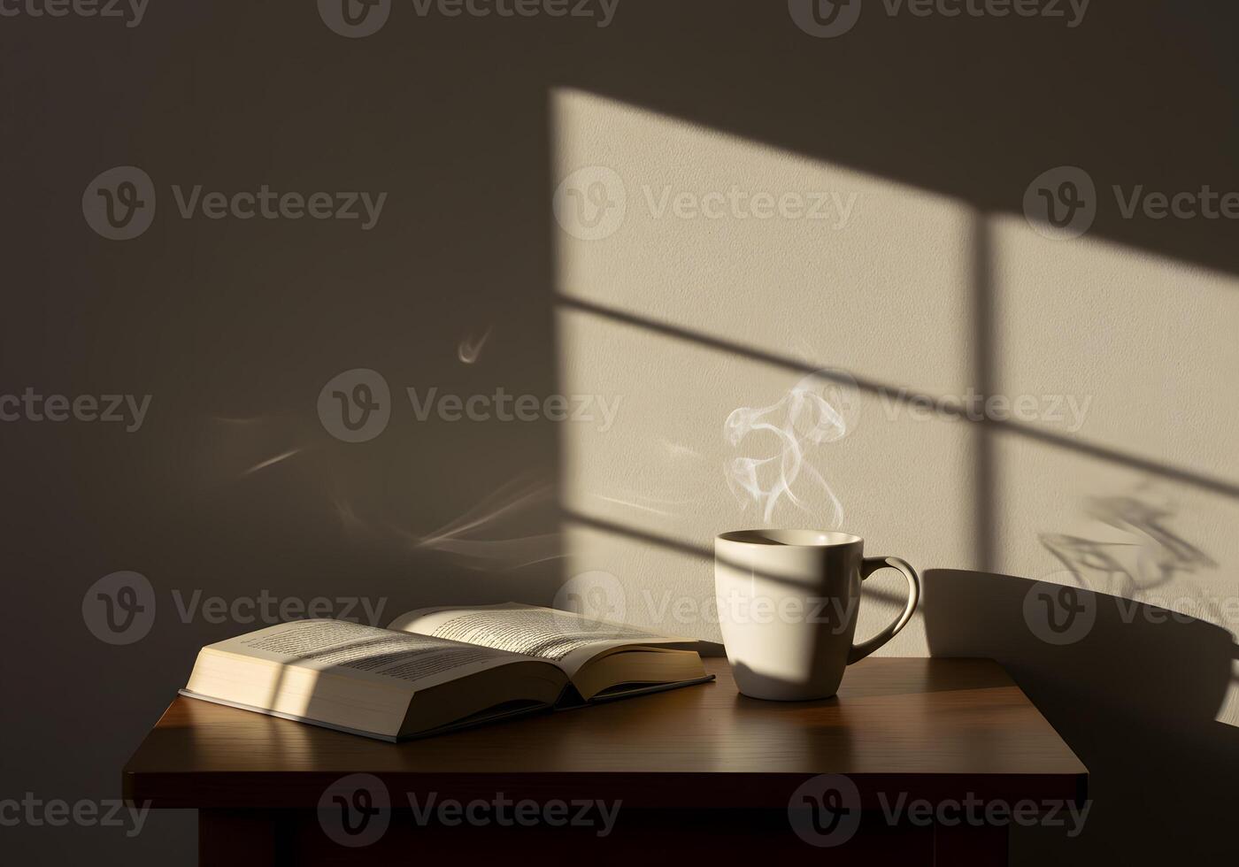 A coffee cup and book on a table next to a window photo