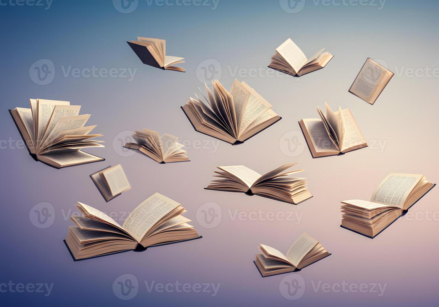Open books flying in the air on a blue background photo