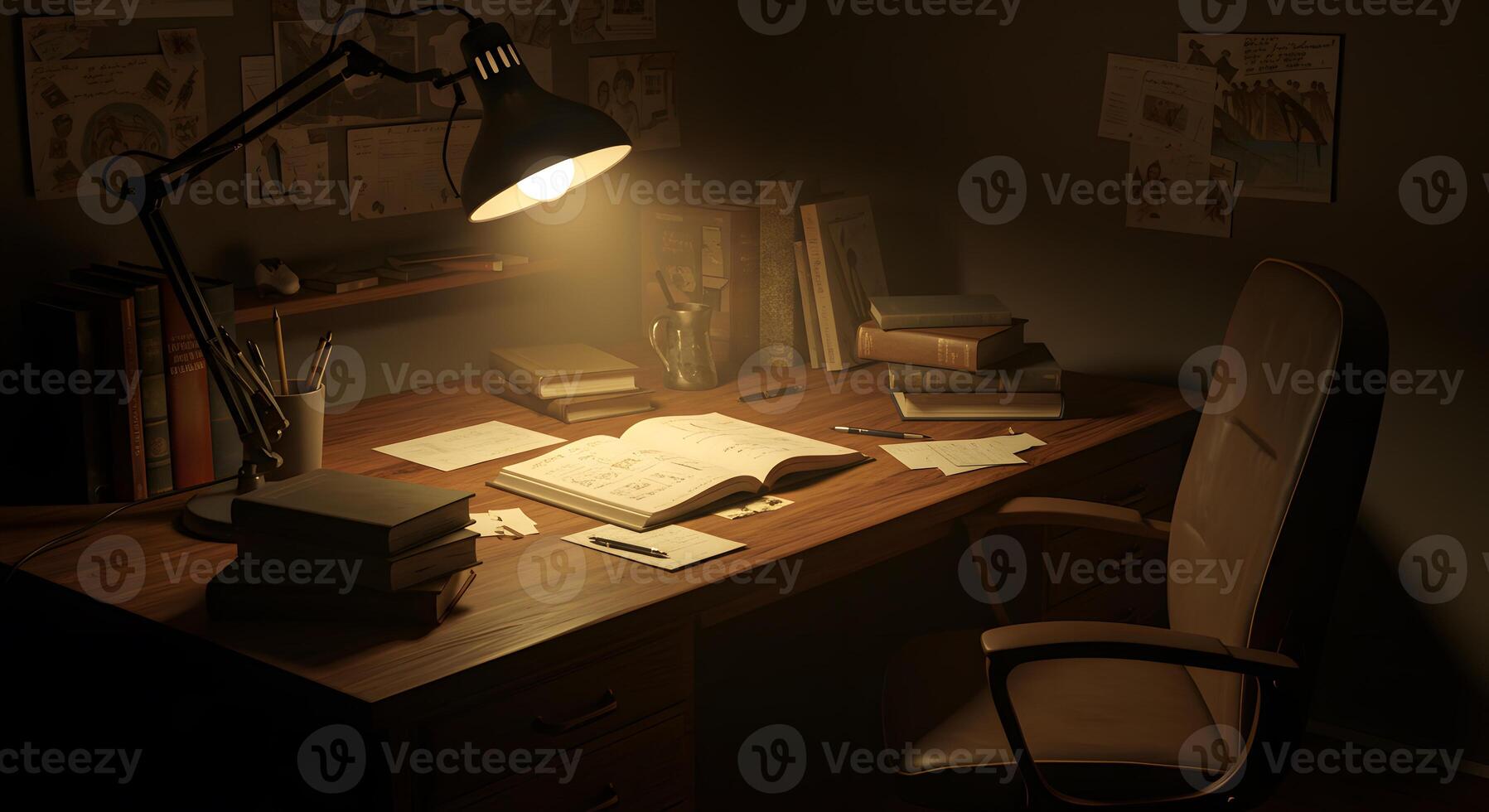 A desk with a lamp and books on it photo
