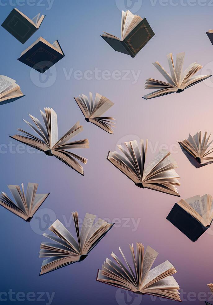 Many open books flying in the air photo
