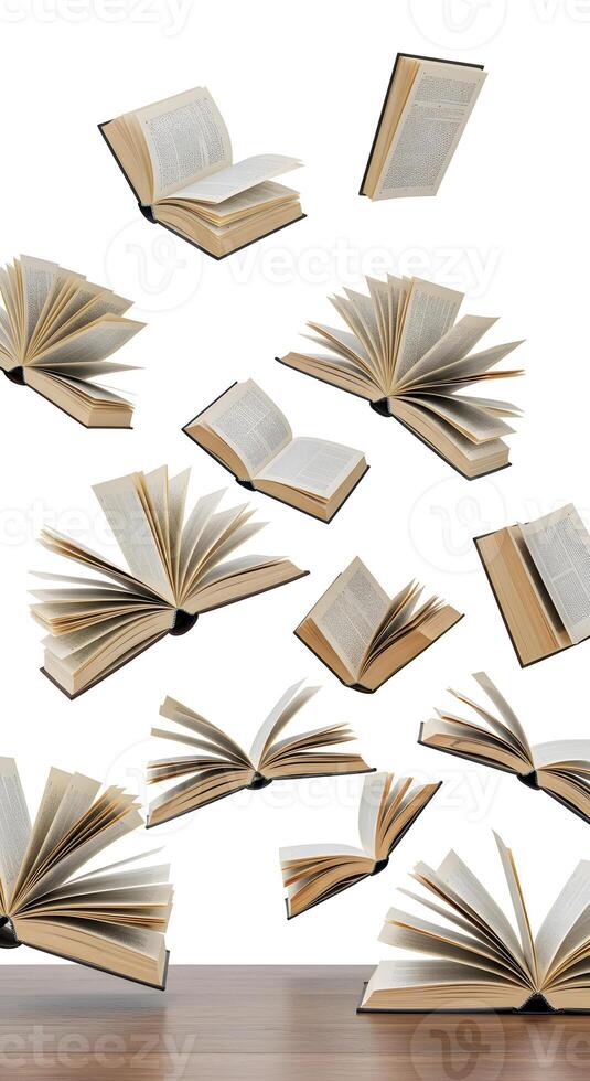 Many open books are flying in the air photo