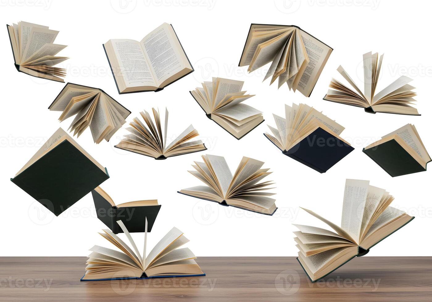 Open books flying in the air on a wooden table photo