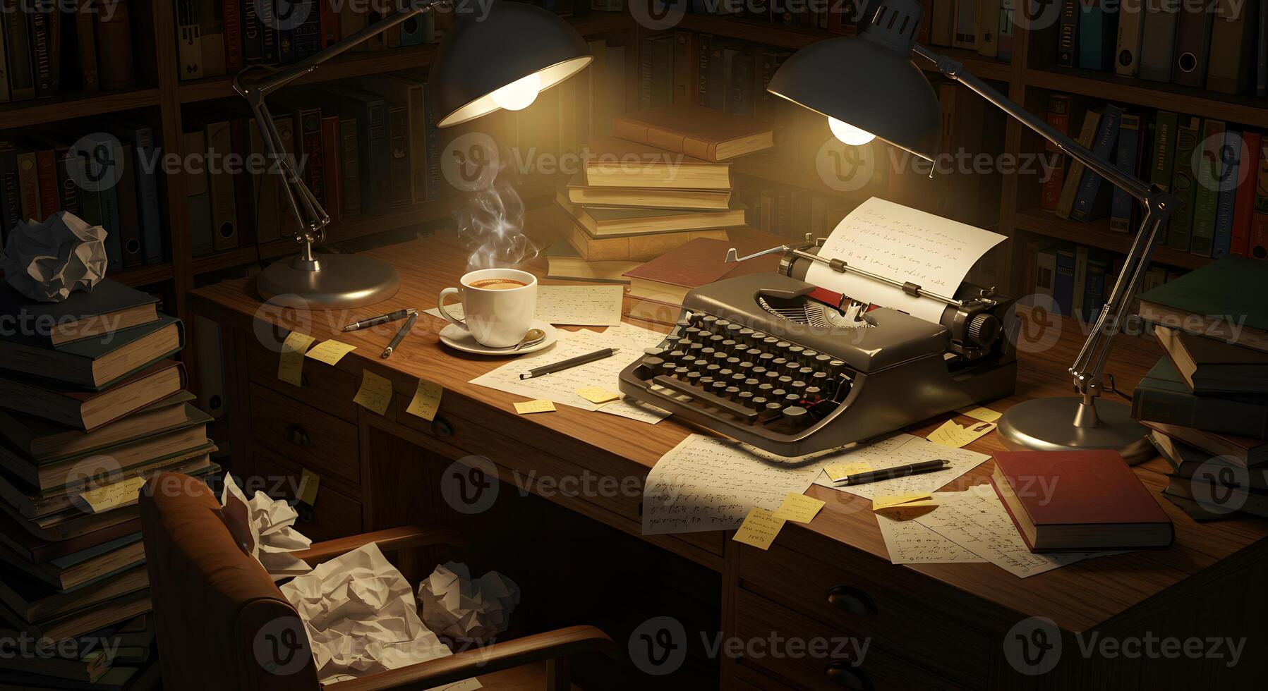 A typewriter sits on a desk with a cup of coffee photo