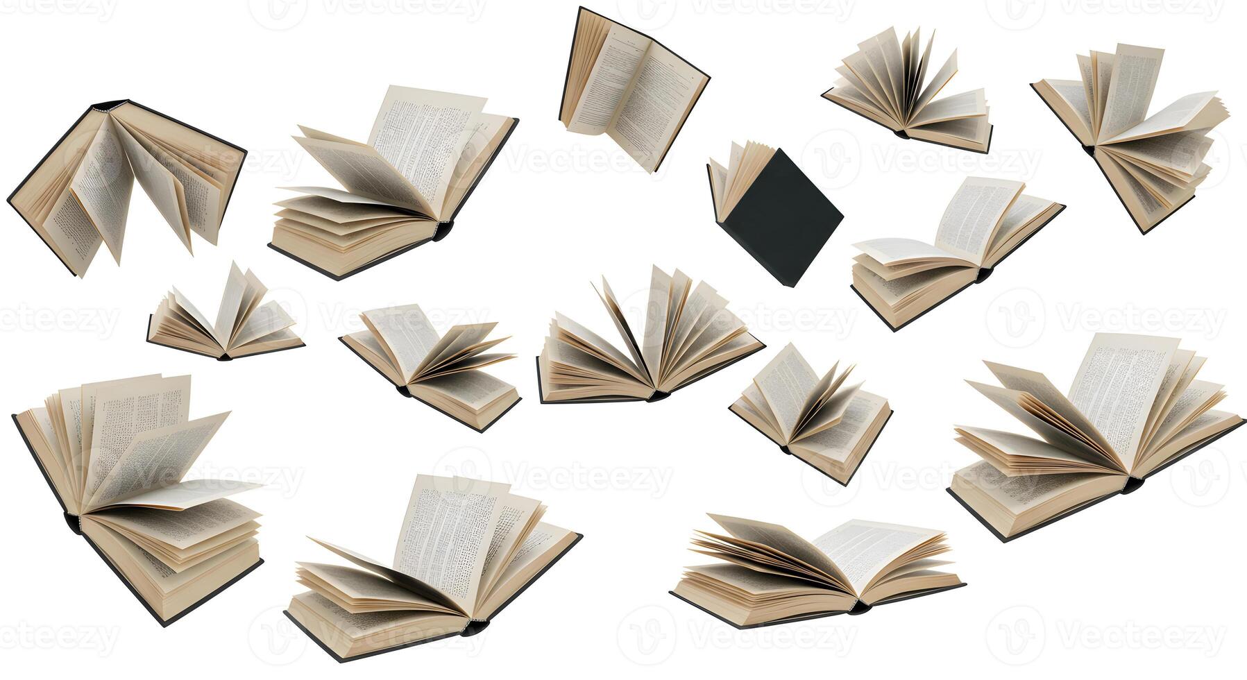 A group of open books on a white background photo