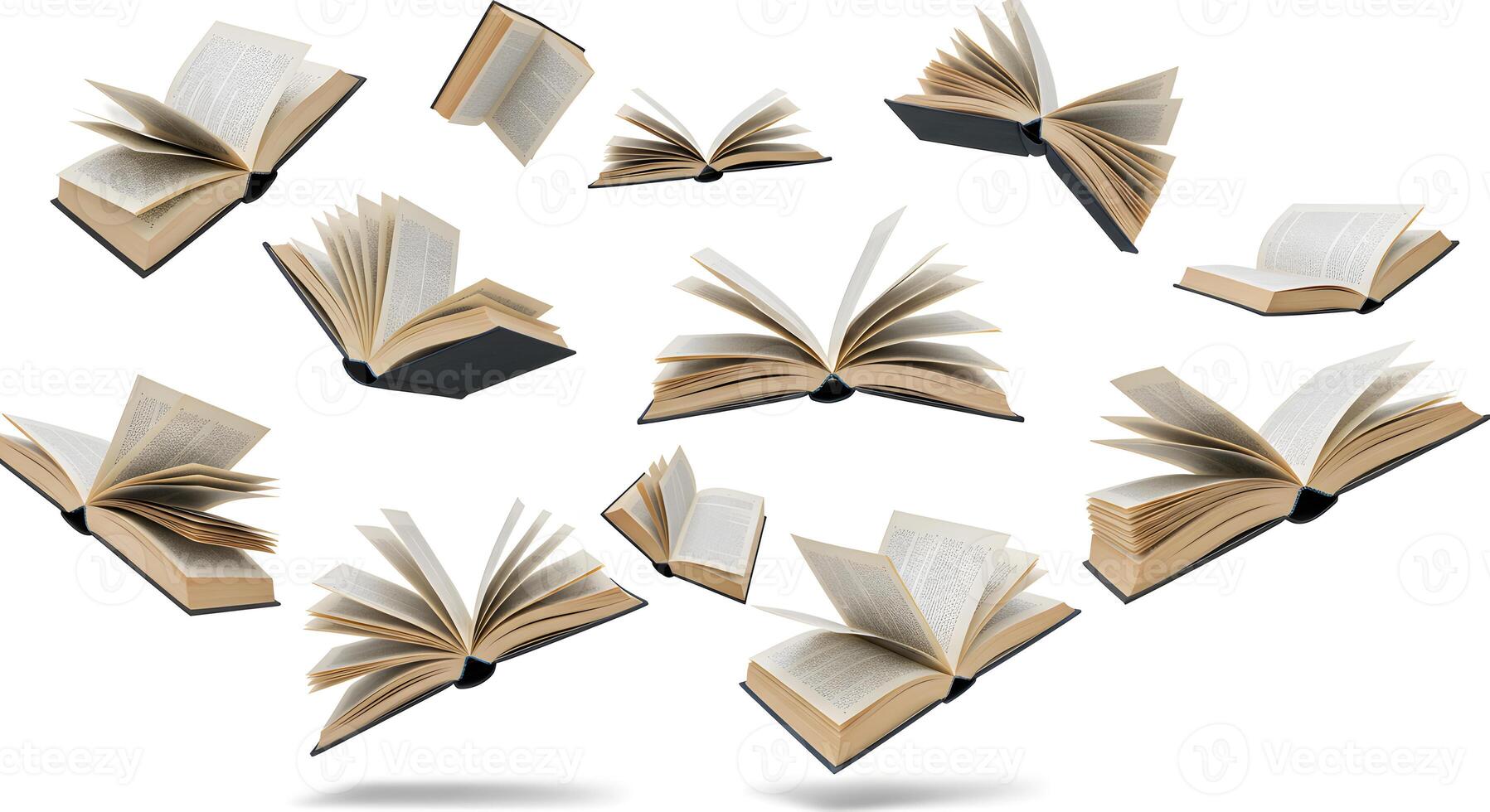 Open books flying in the air on a white background photo