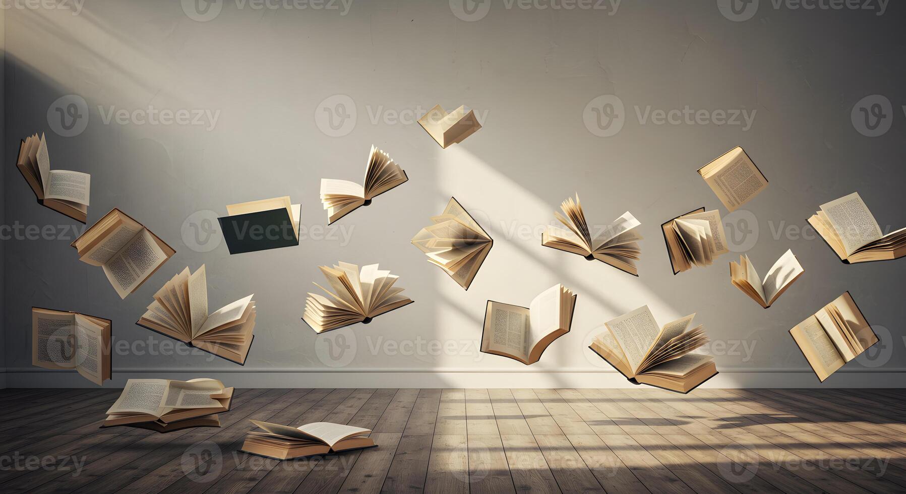 Flying books in a room with sunlight photo