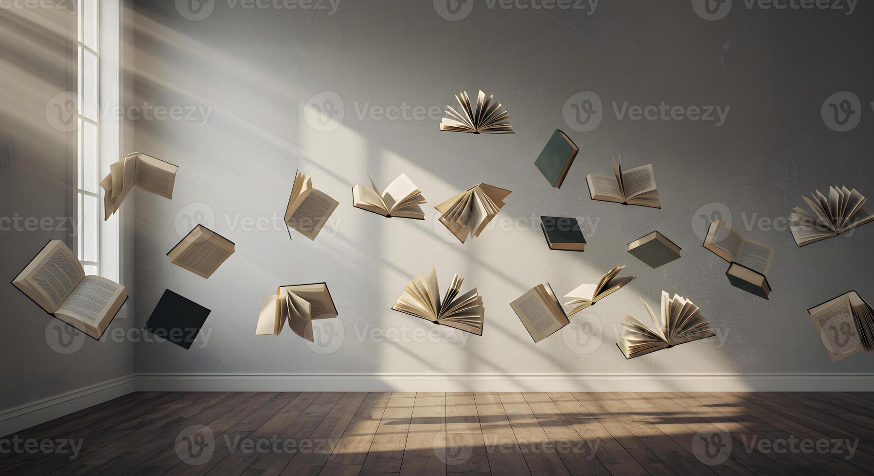 A room with books flying in the air photo
