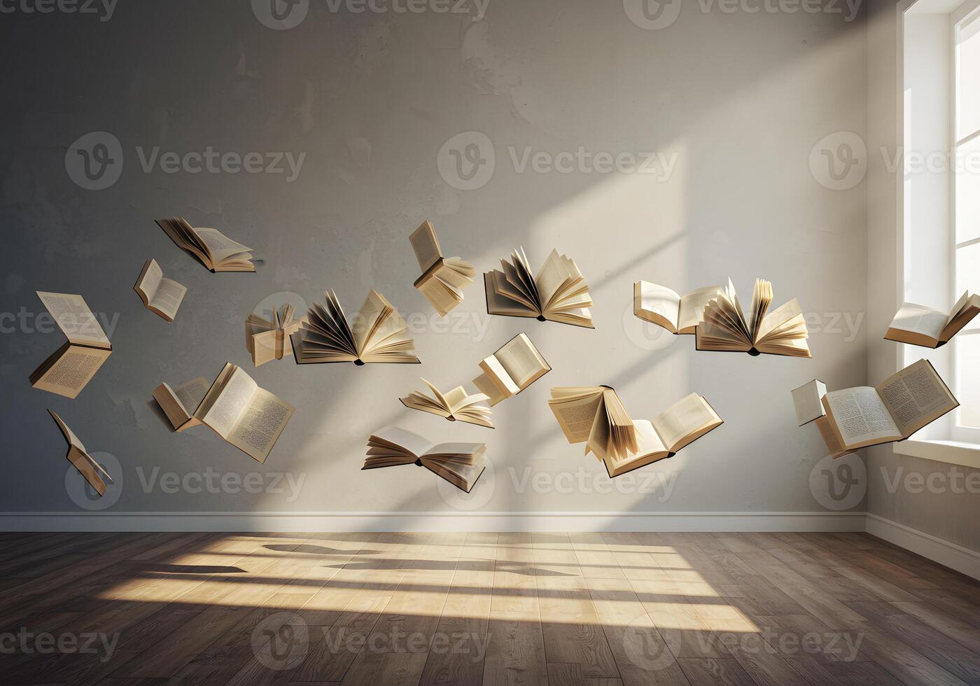 Flying books in an empty room with sunlight photo