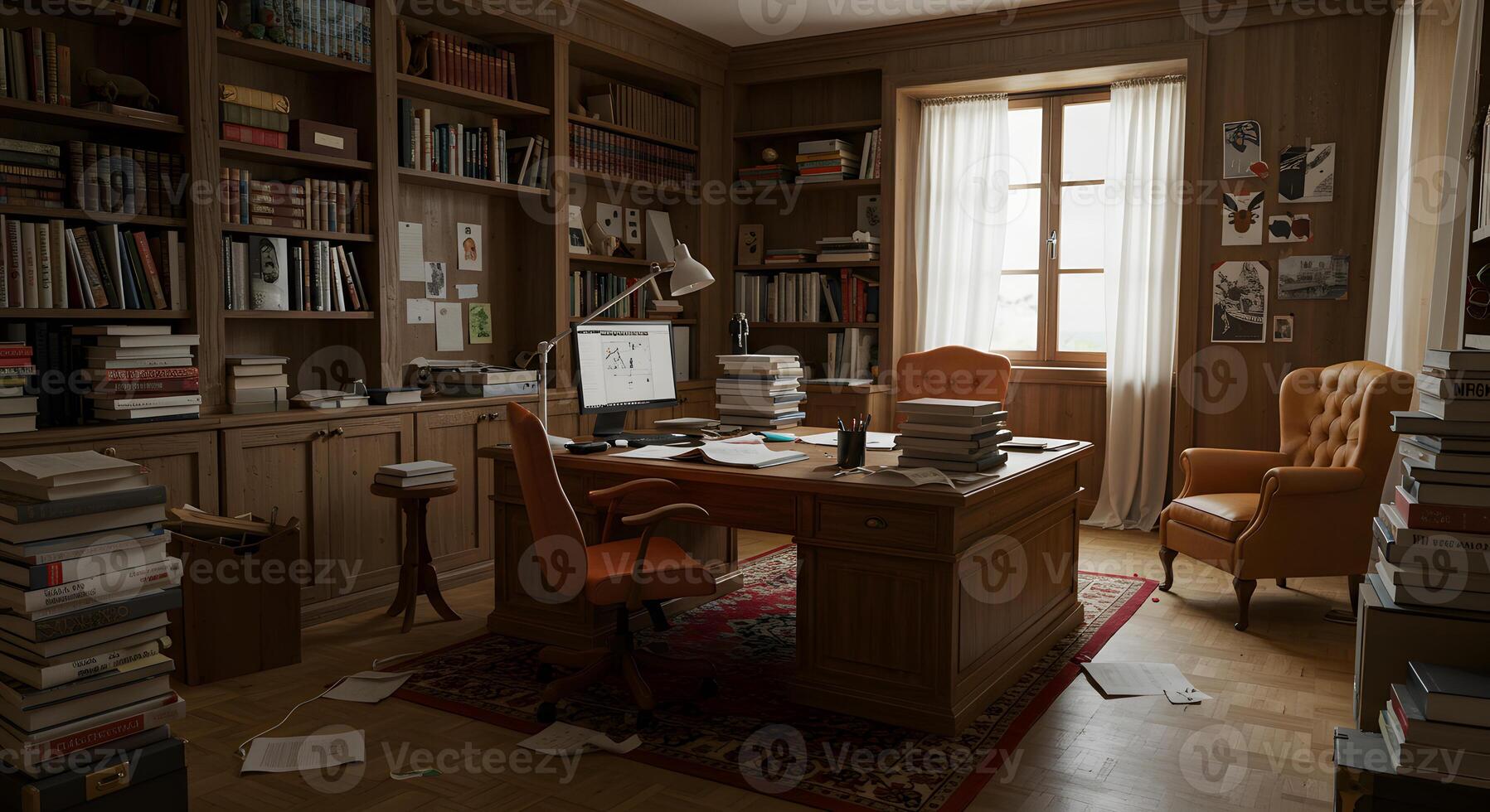 A desk with a computer and a chair in a room photo