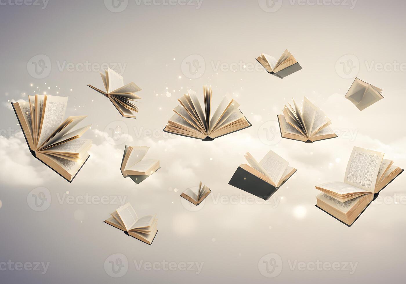 Flying books in the sky with clouds background photo