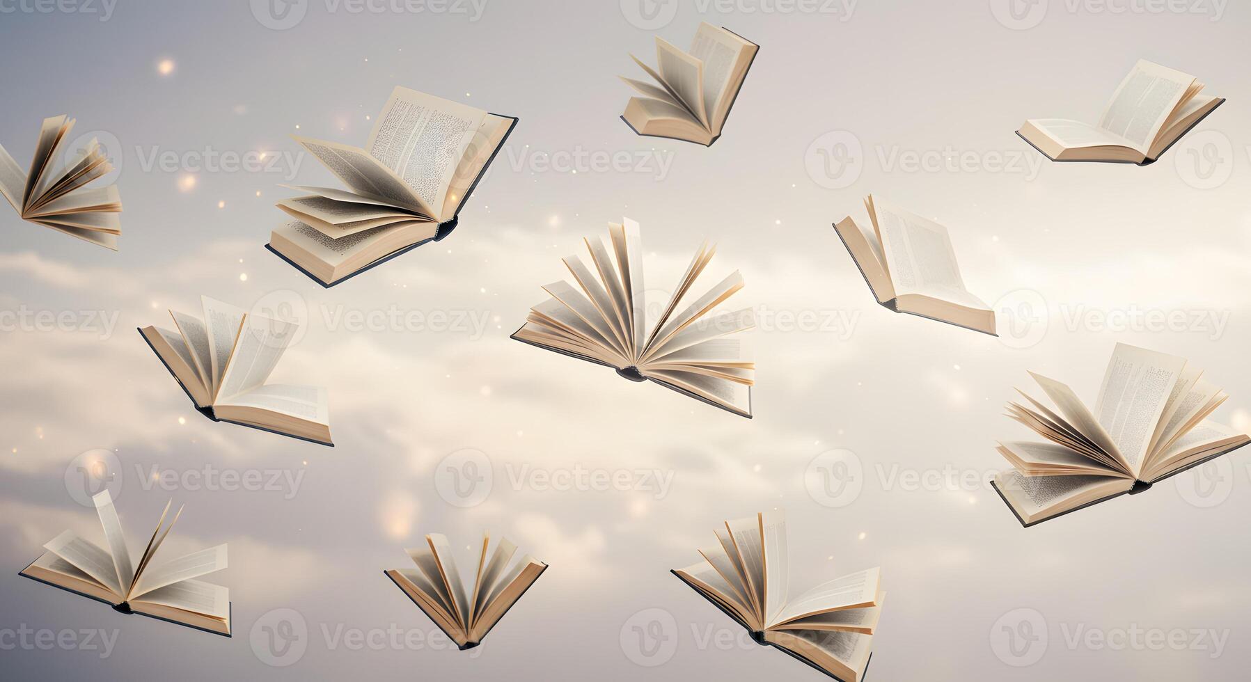 Open books flying in the sky photo