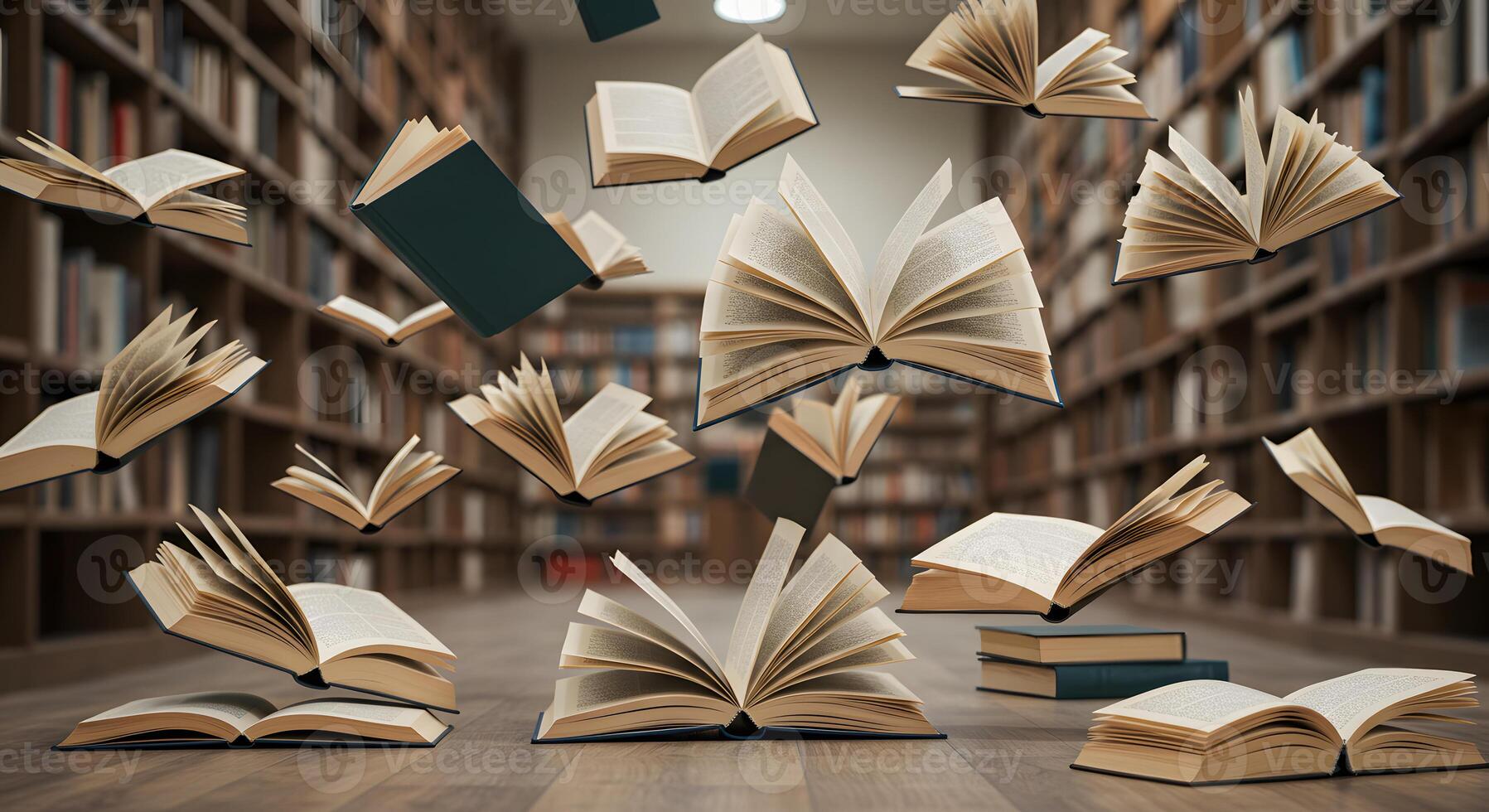 Open books flying in a library with shelves photo
