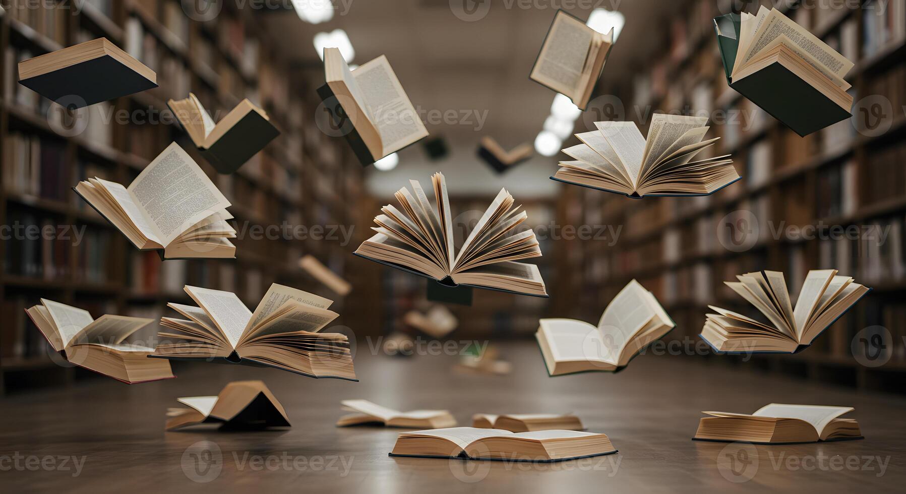 Many books are flying in a library photo