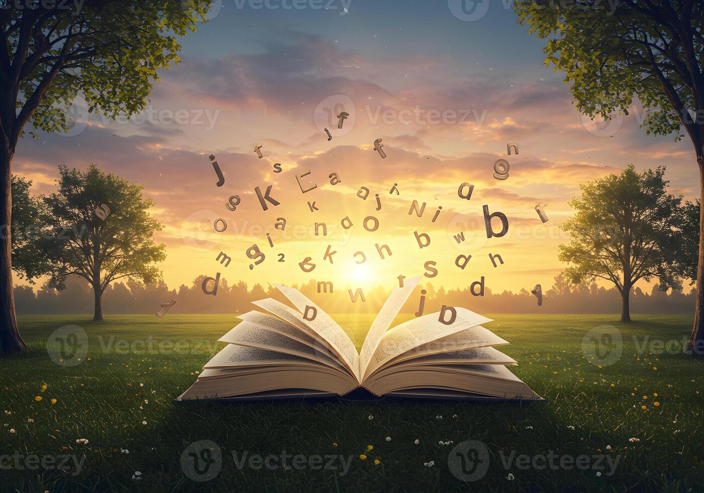 Open book with letters flying out of it in the field at sunset photo