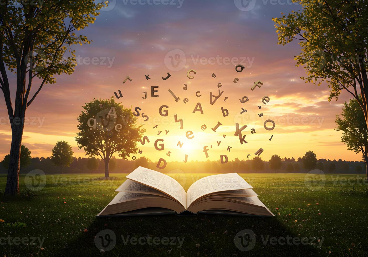 Open book with letters flying out of it at sunset photo