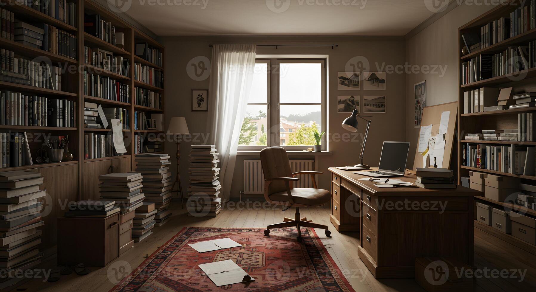 A desk with a computer and a chair in a room with books photo