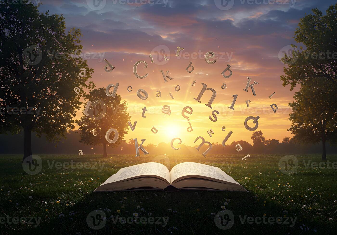 An open book with letters flying out of it photo