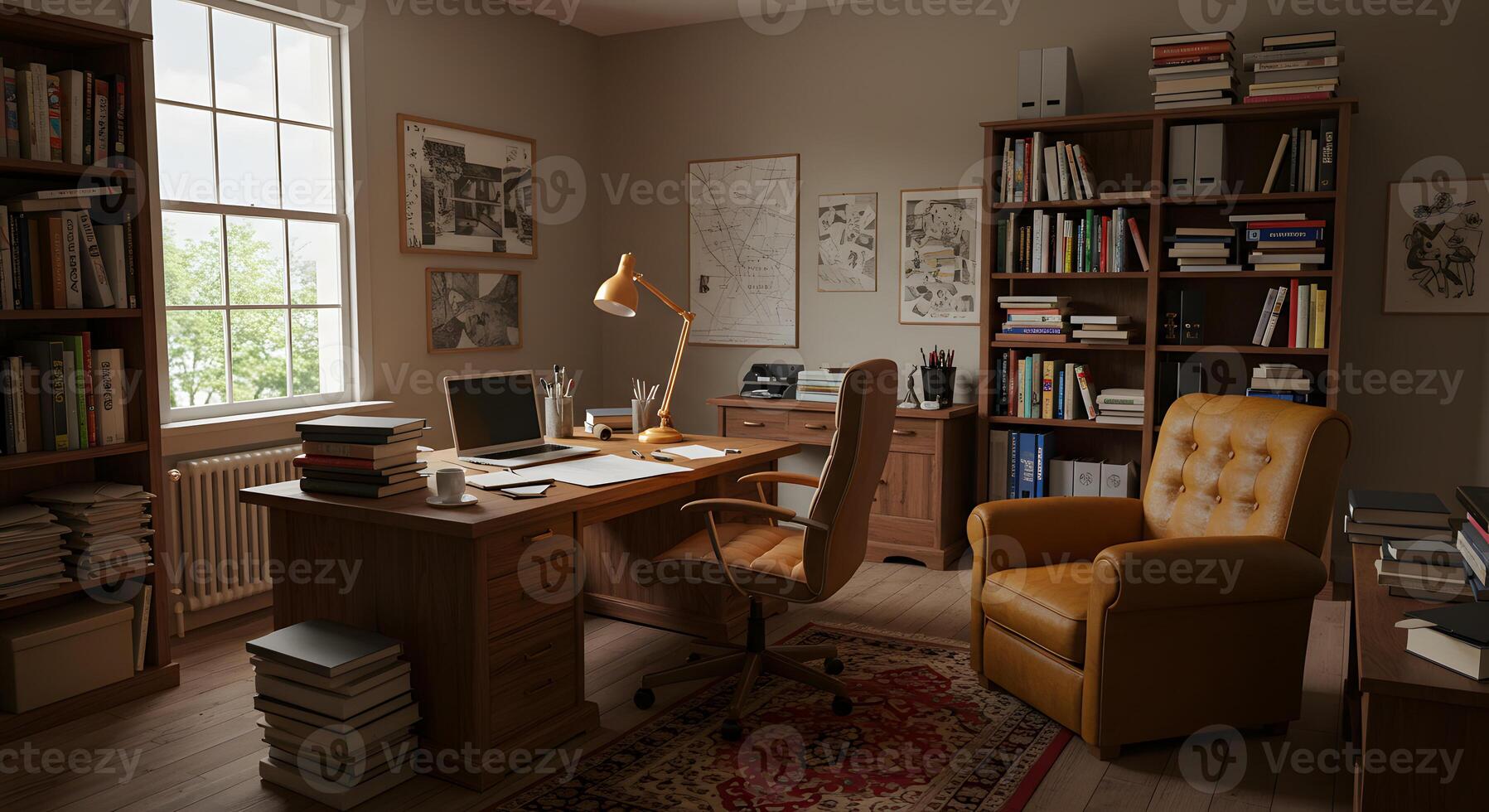 A desk with a chair and a lamp in a room photo