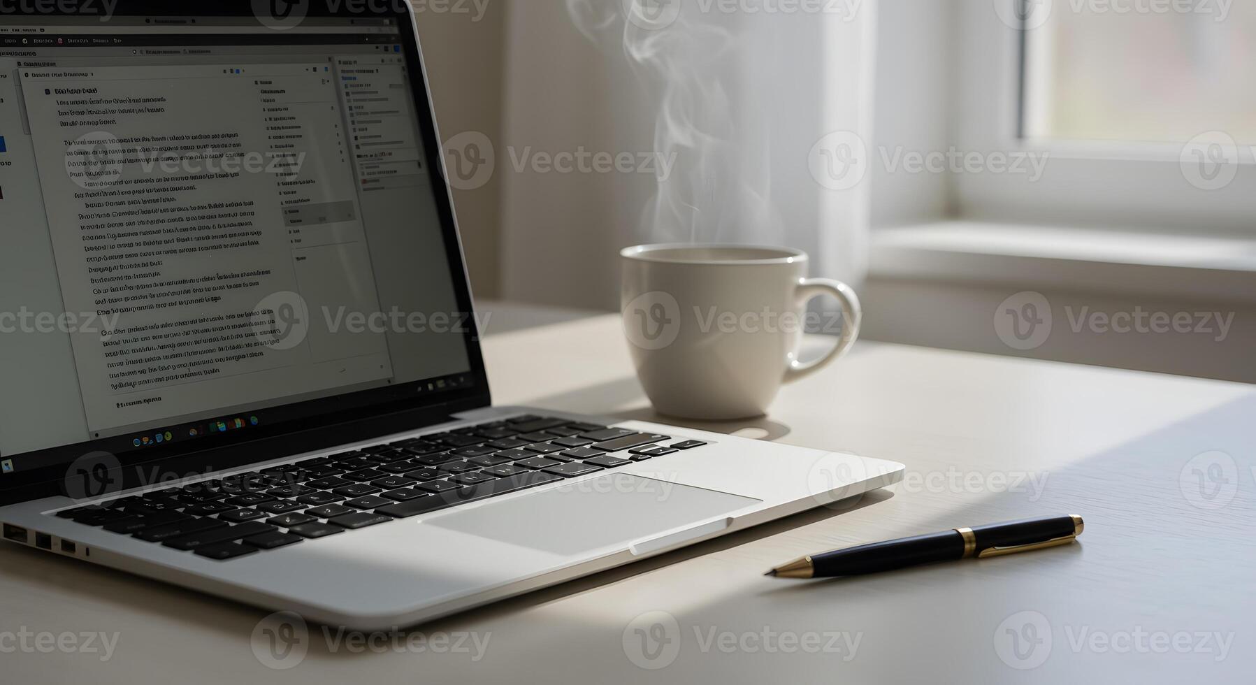 A laptop computer sitting on a desk with a pen and coffee cup photo