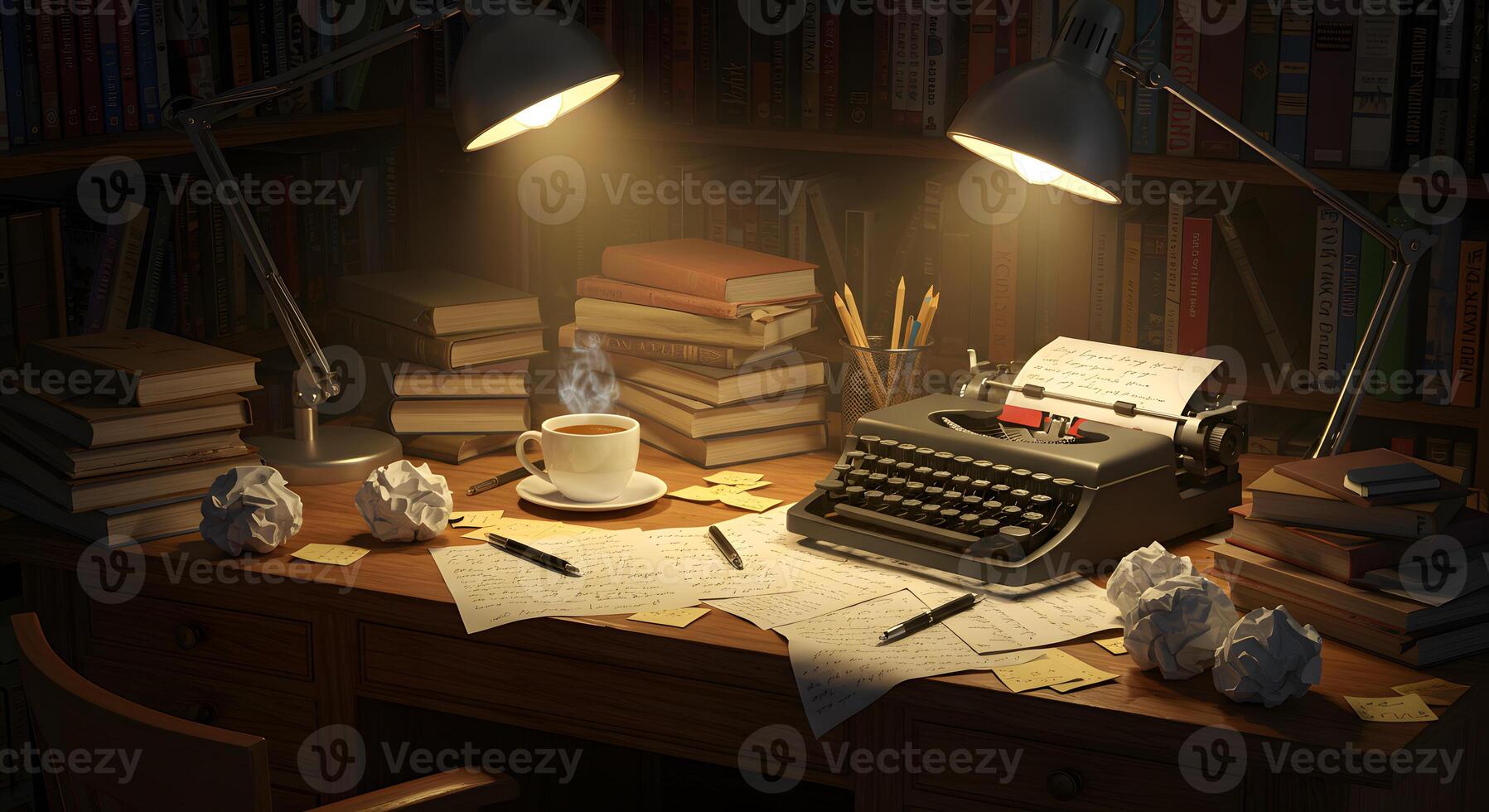 A desk with a typewriter, coffee and books photo
