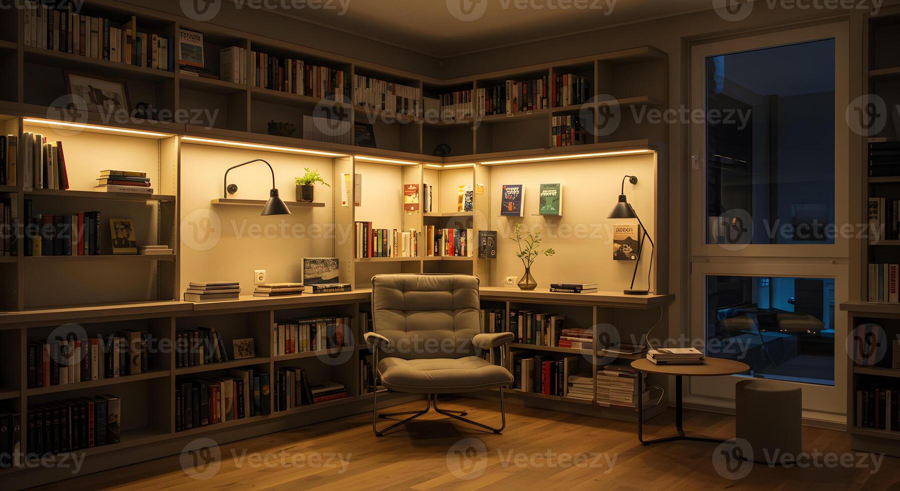 A room with a chair and a book shelf photo