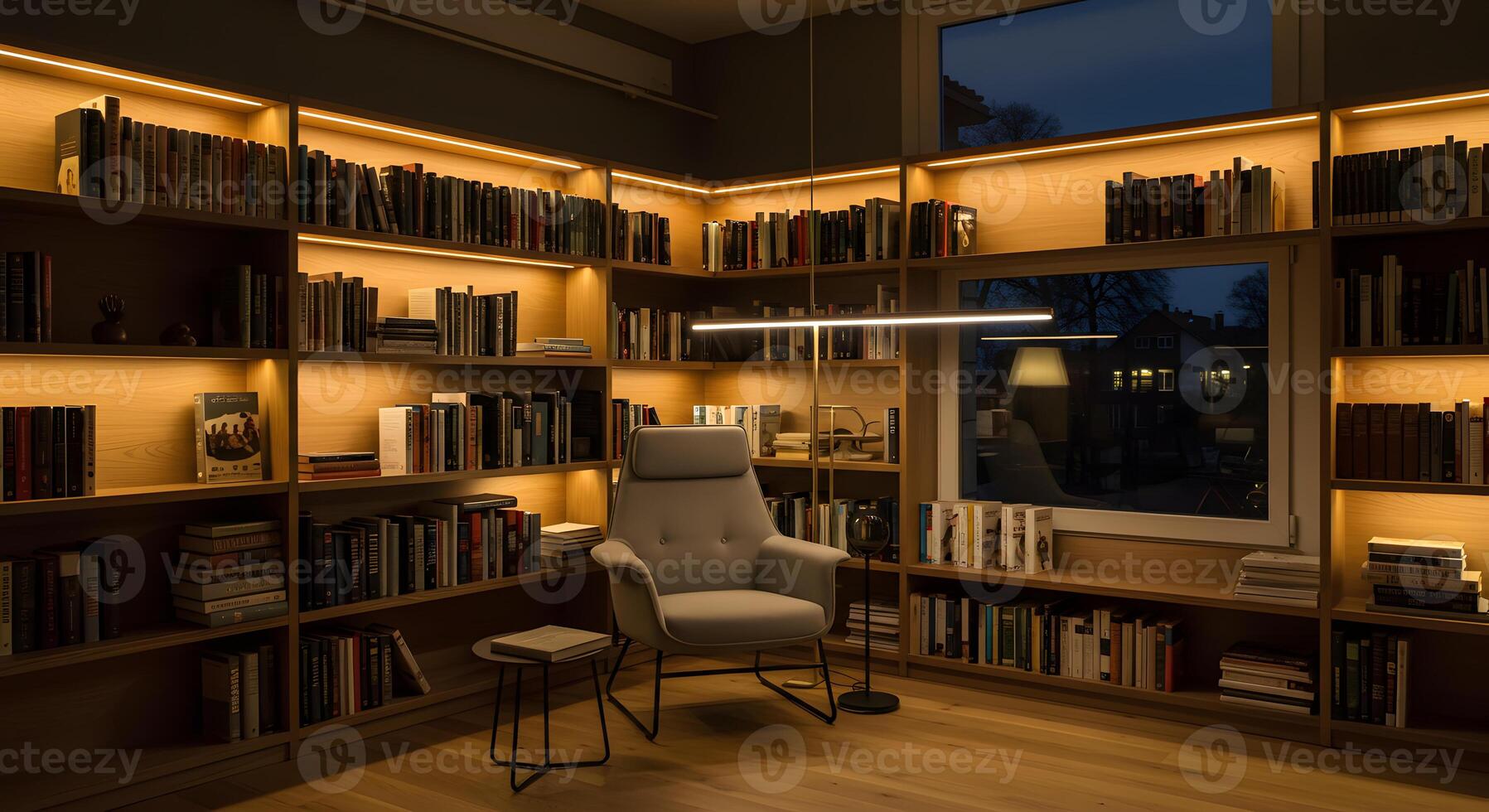 A room with a chair and bookshelves photo