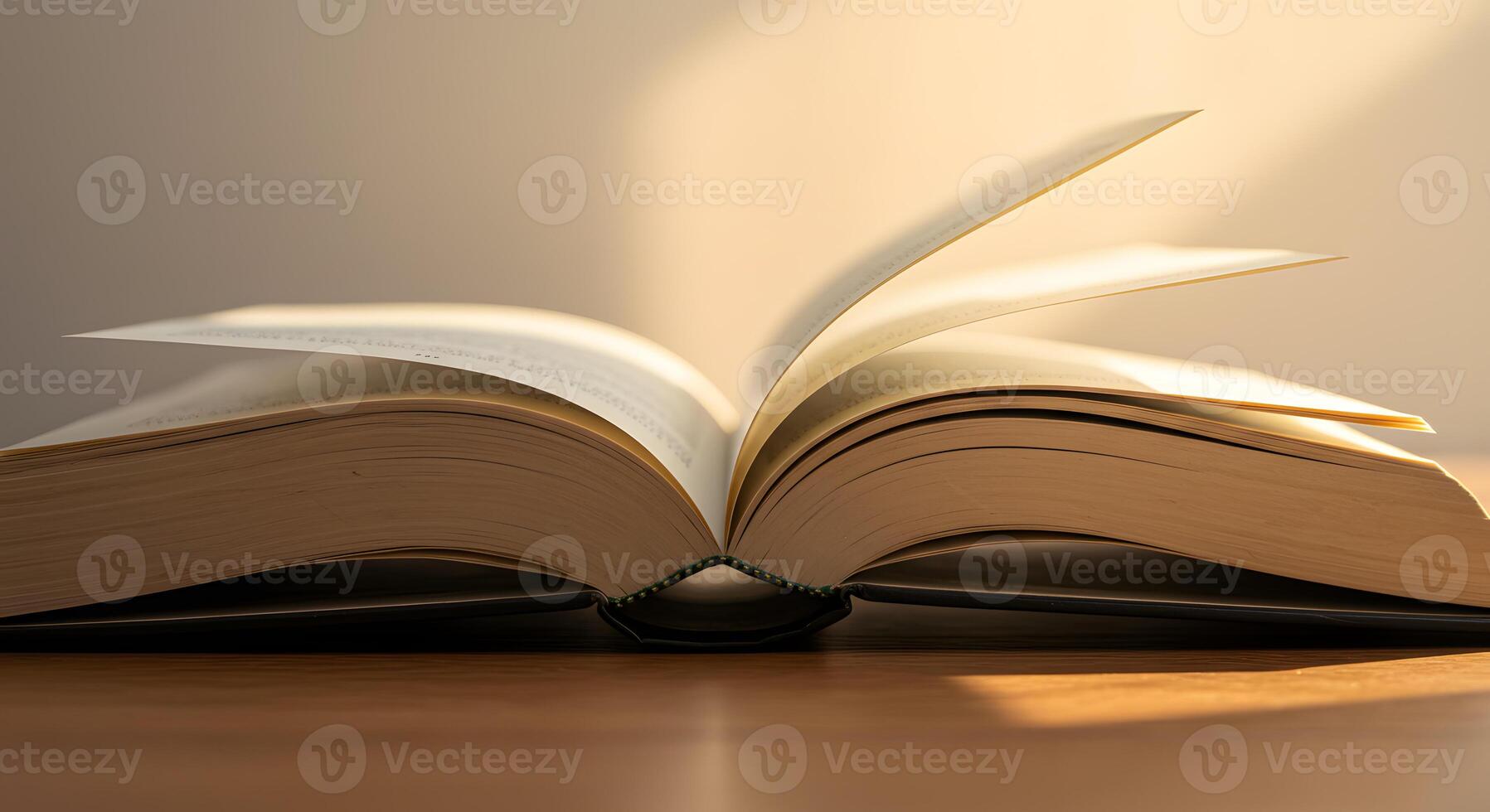 An open book on a table with sunlight coming through the pages photo