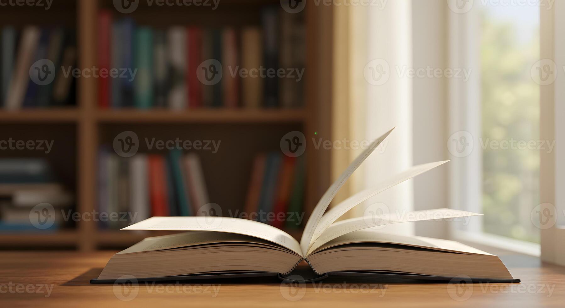 An open book on a table in front of a window photo