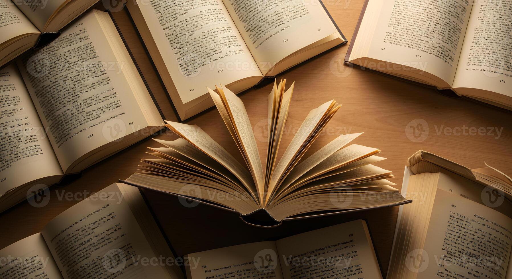 An open book is surrounded by many open books photo