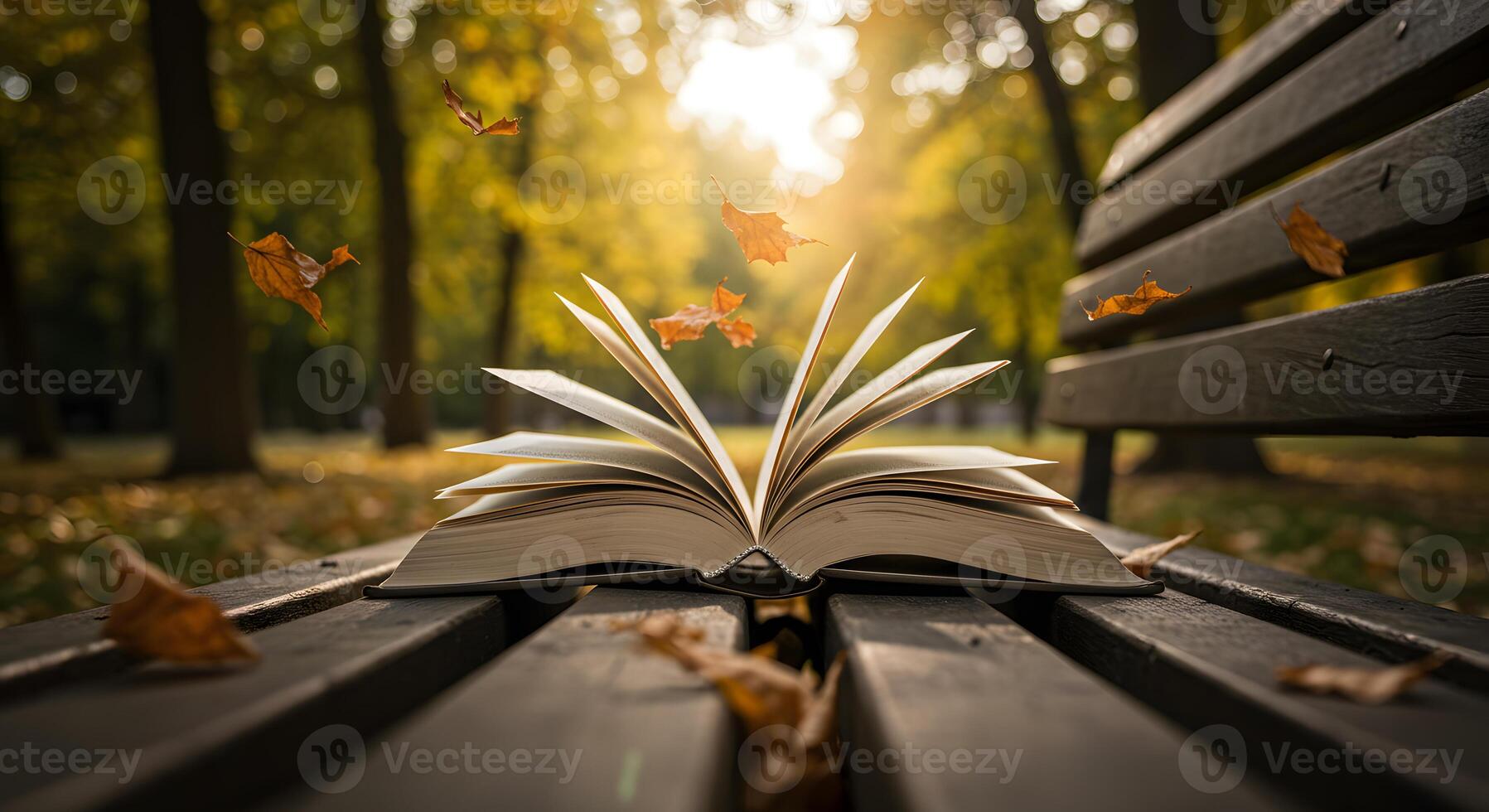 An open book is sitting on a bench in the park with autumn leaves flying around it photo