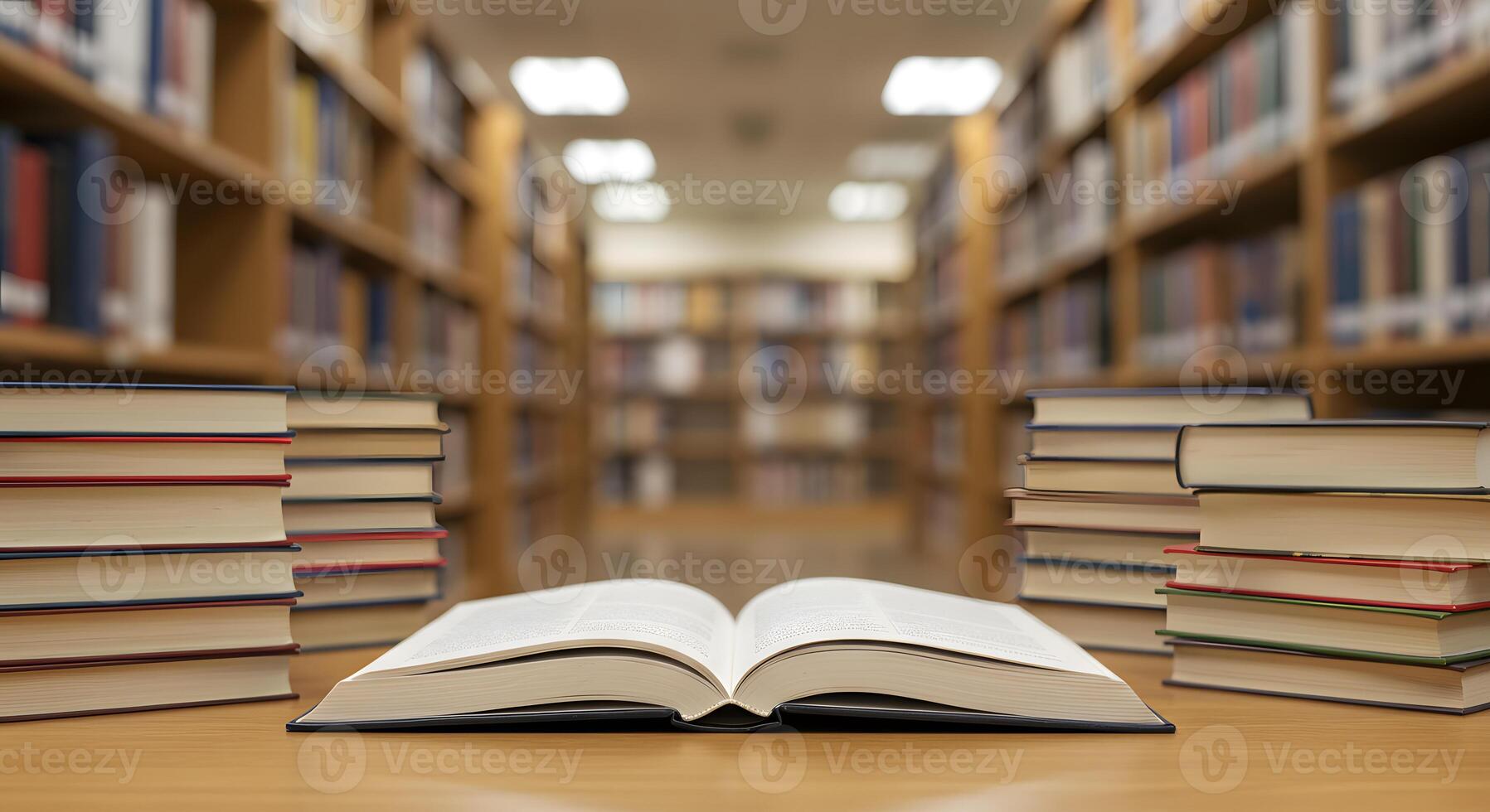 An open book is sitting on a table in a library photo