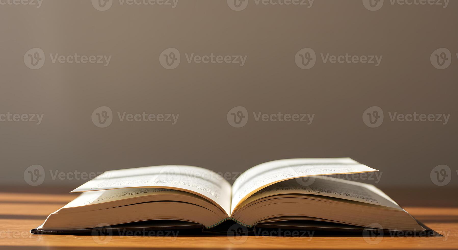 An open book on a table with sunlight streaming in photo