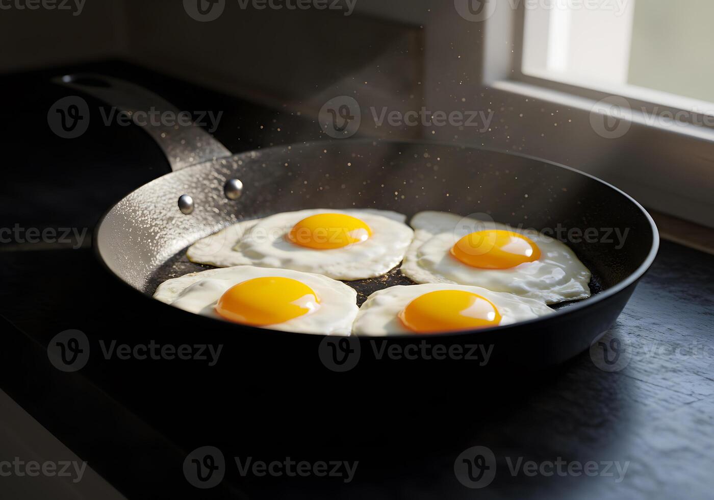 A pan with four fried eggs on it photo
