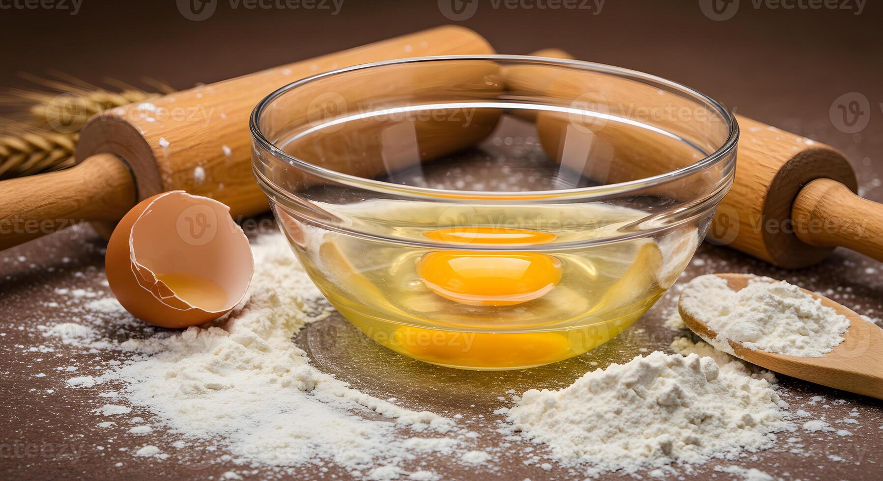 A bowl of flour, eggs and rolling pin photo